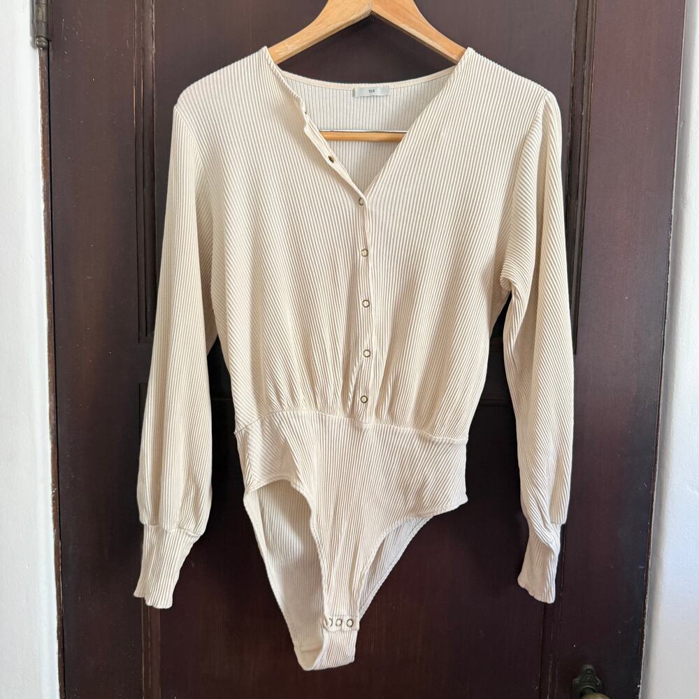 YSÉ Paris | Cream rib Knit Blouson Button Front Bodysuit with Full back | 36 / 4